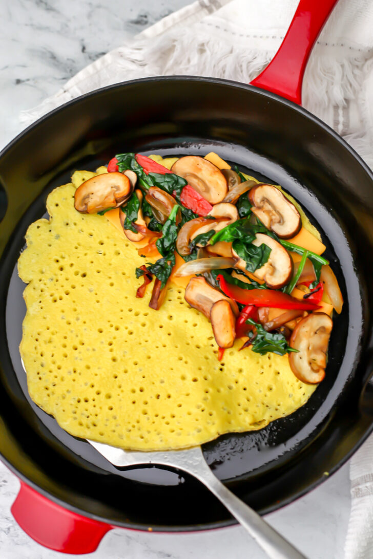 Sauteed veggies added to a Just Egg omelet.