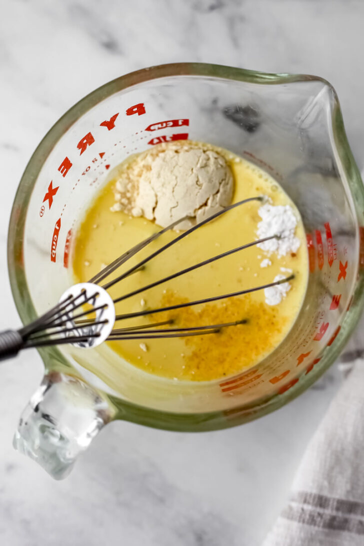 Just Egg with chickpea flour, baking powder, and garlic powder to make a vegan omelet.