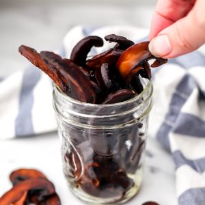 Mushroom jerky in a glass jar.
