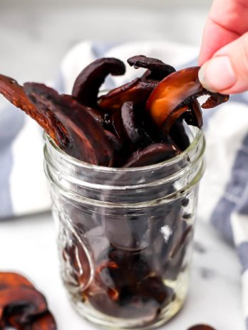Mushroom jerky in a glass jar.