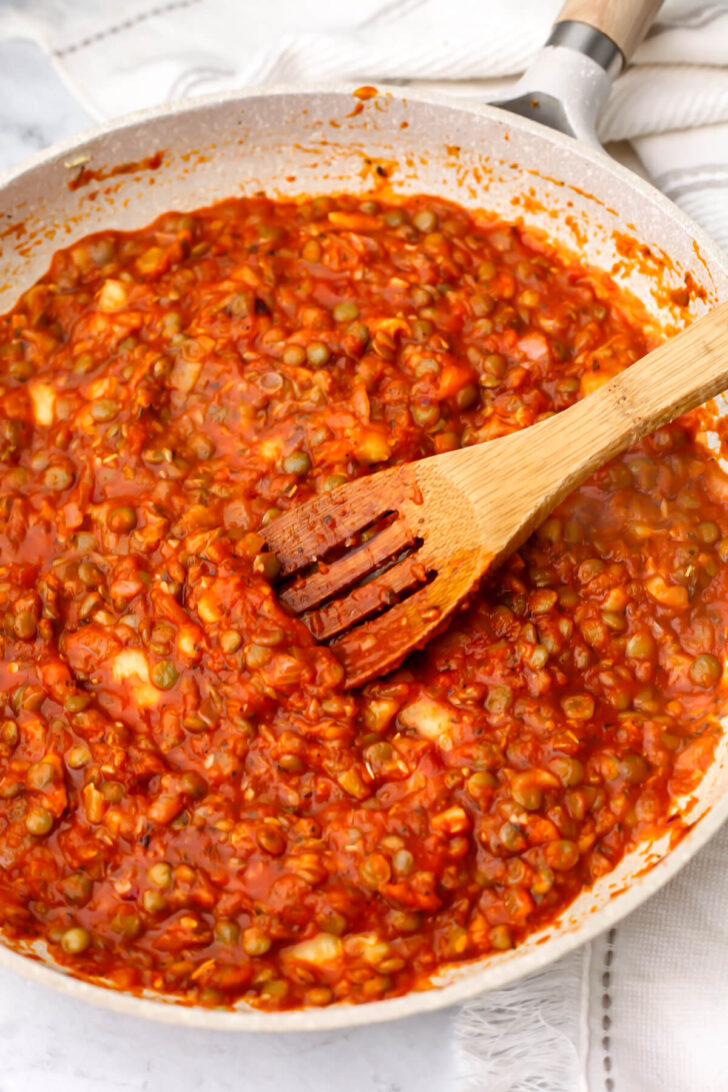 Pizza sauce added to the lentils before stuffing into the zucchini boats.