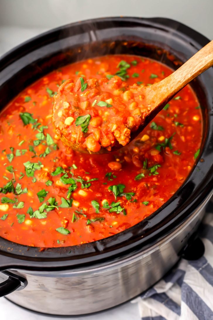 Vegan slow cooker chili after it has cooked for 8 hours on low in a slow cooker.