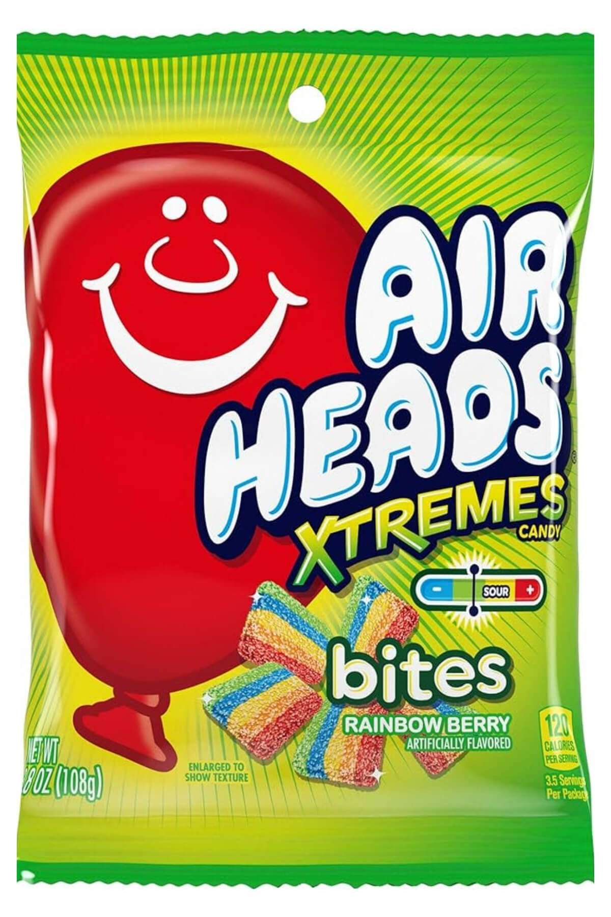A green bag of airhead xtreme bites.