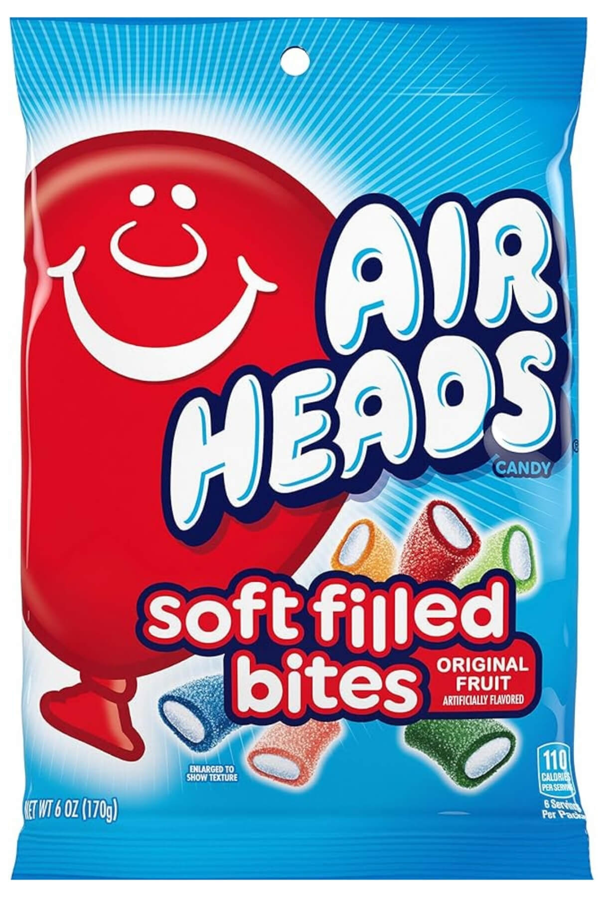 A blue bag of airhead soft filled bites.