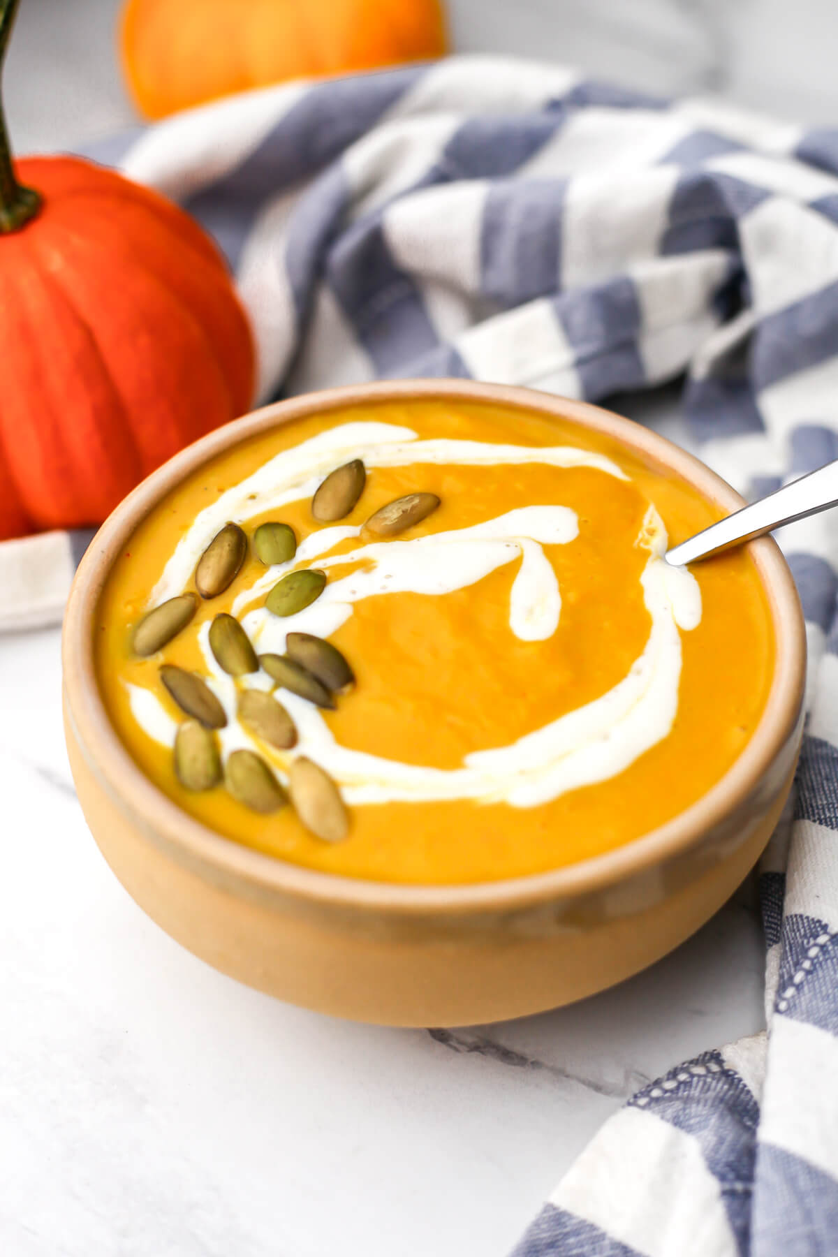 A bowl of cream pumpkin white bean soup topped with pumpkin seeds and little pumpkins in the background.