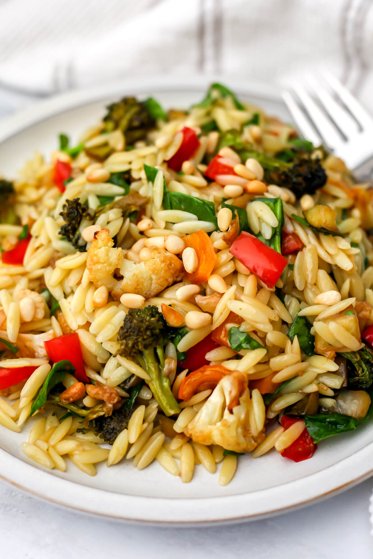 A white plate full of vegan roasted vegetable orzo salad.