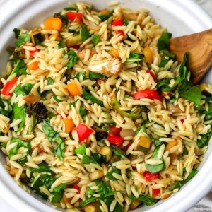 A top view of a bowl of roasted vegetable orzo salad.