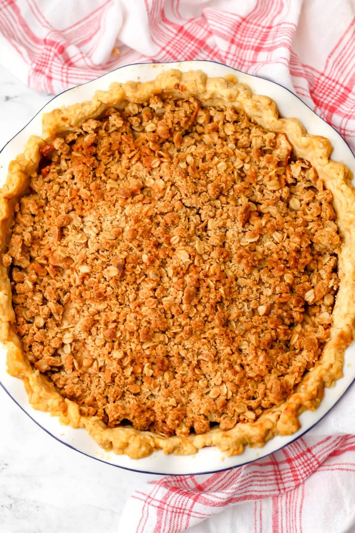A top view of a vegan Dutch apple pie after it has been baked.