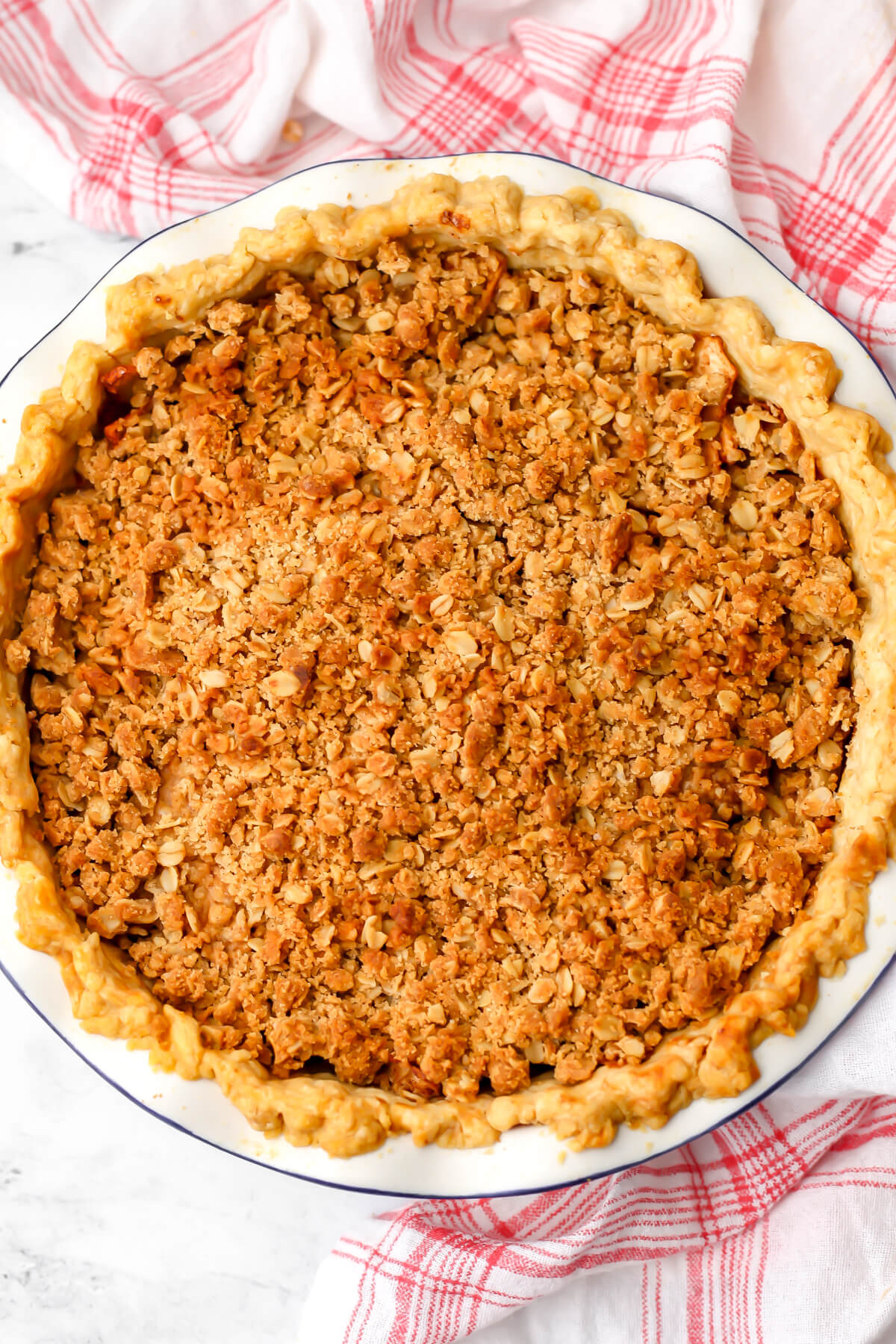 A top view of a vegan Dutch apple pie after it has been baked.