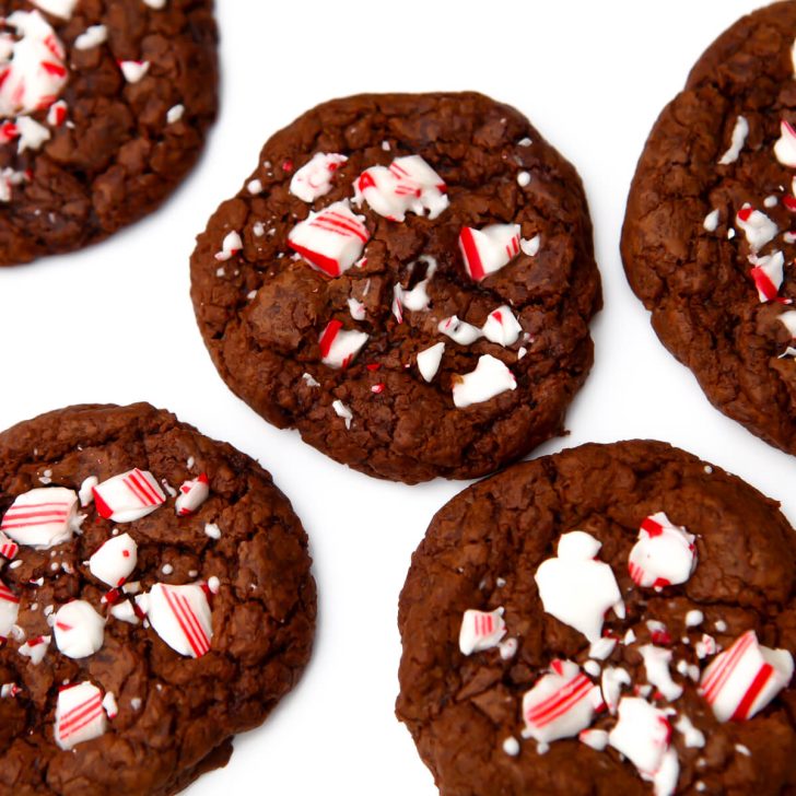 Vegan chocolate cookies with broken candy canes baked in.