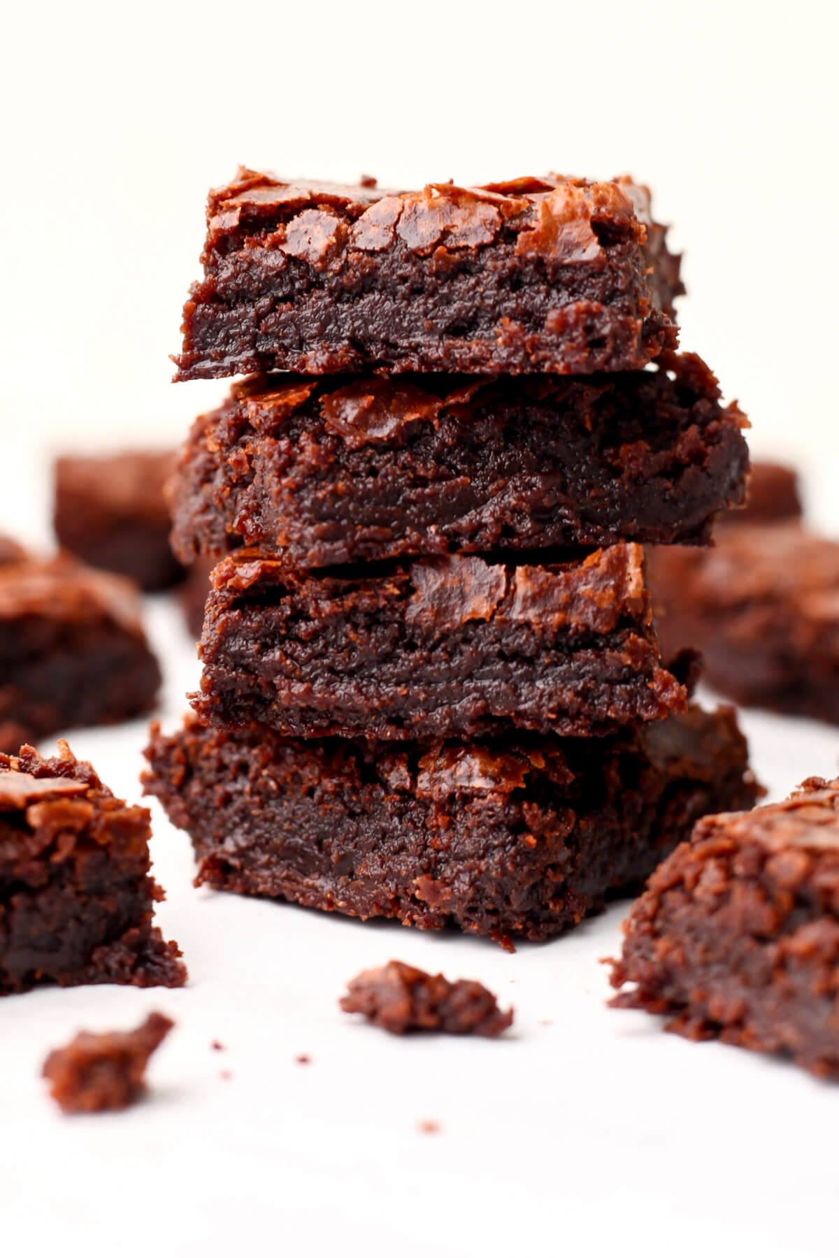 A stack of vegan brownies made from a boxed mix.
