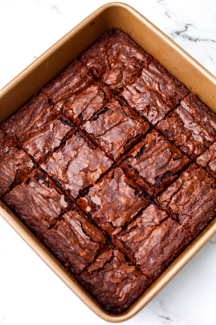 Vegan brownies made from a mix and cut into squares.