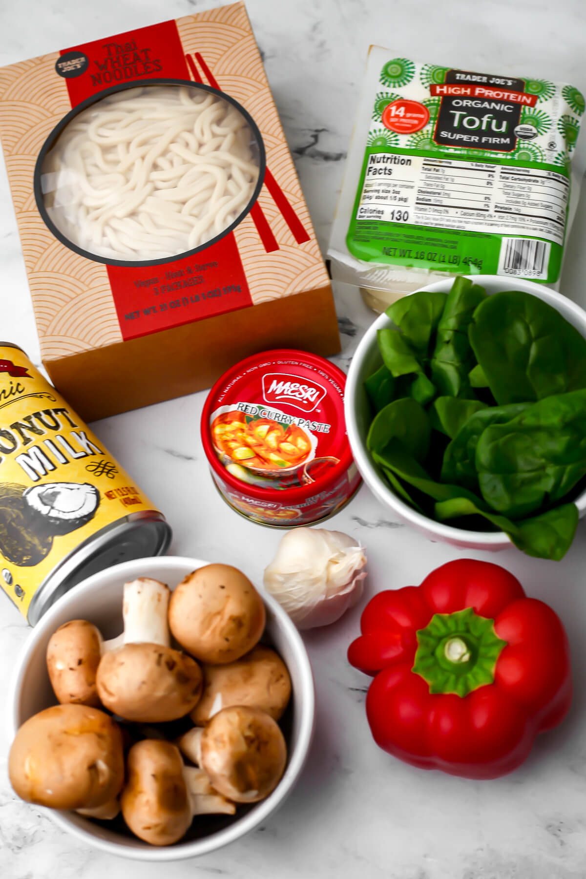 The ingredients to make Thai red curry noodles with tofu.
