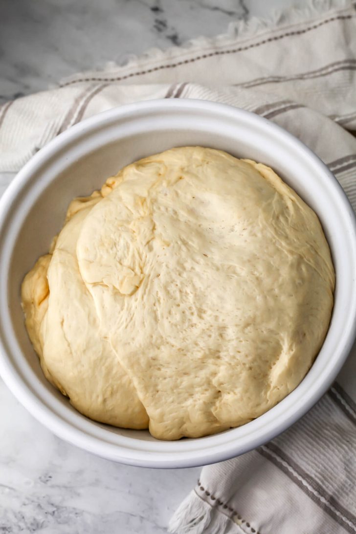 Soft pretzel dough after it has rizen.