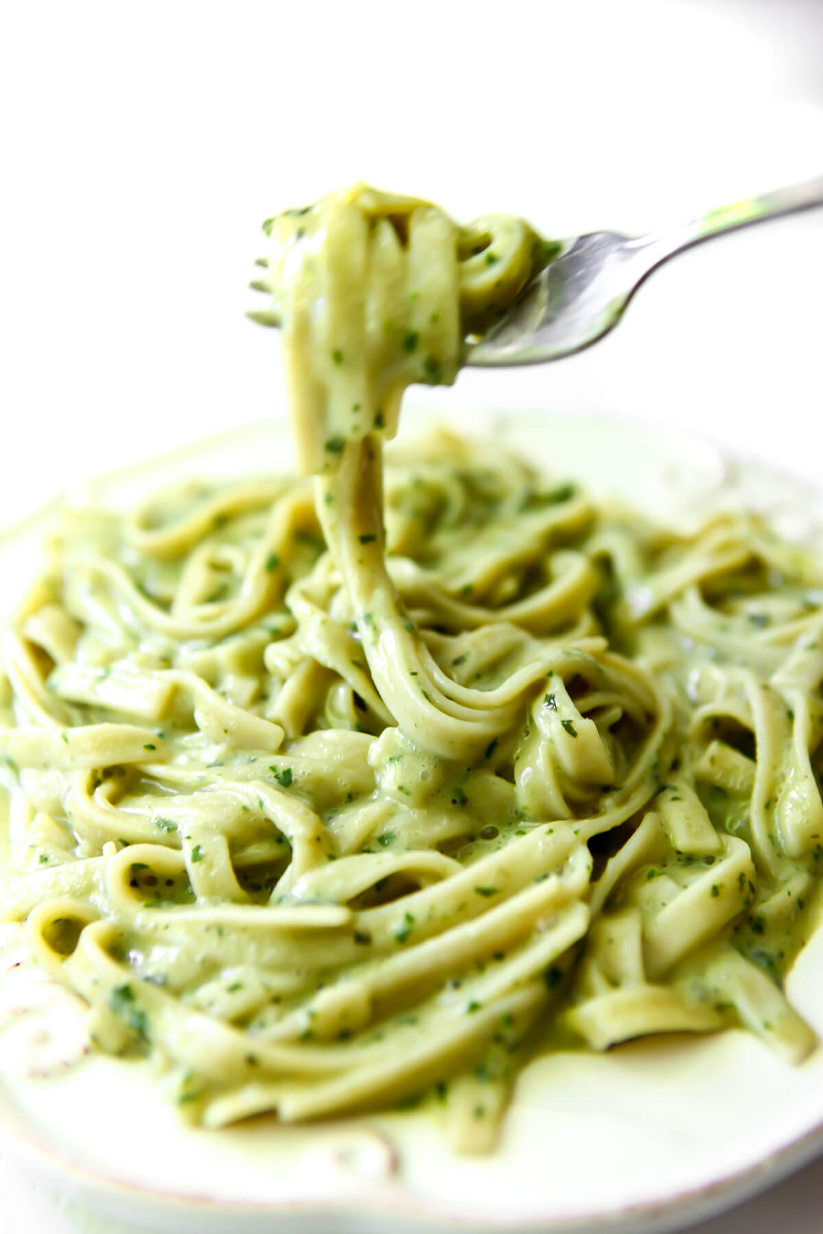 Noodles covered in creamy vegan pesto pasta sauce being picked up with a fork.