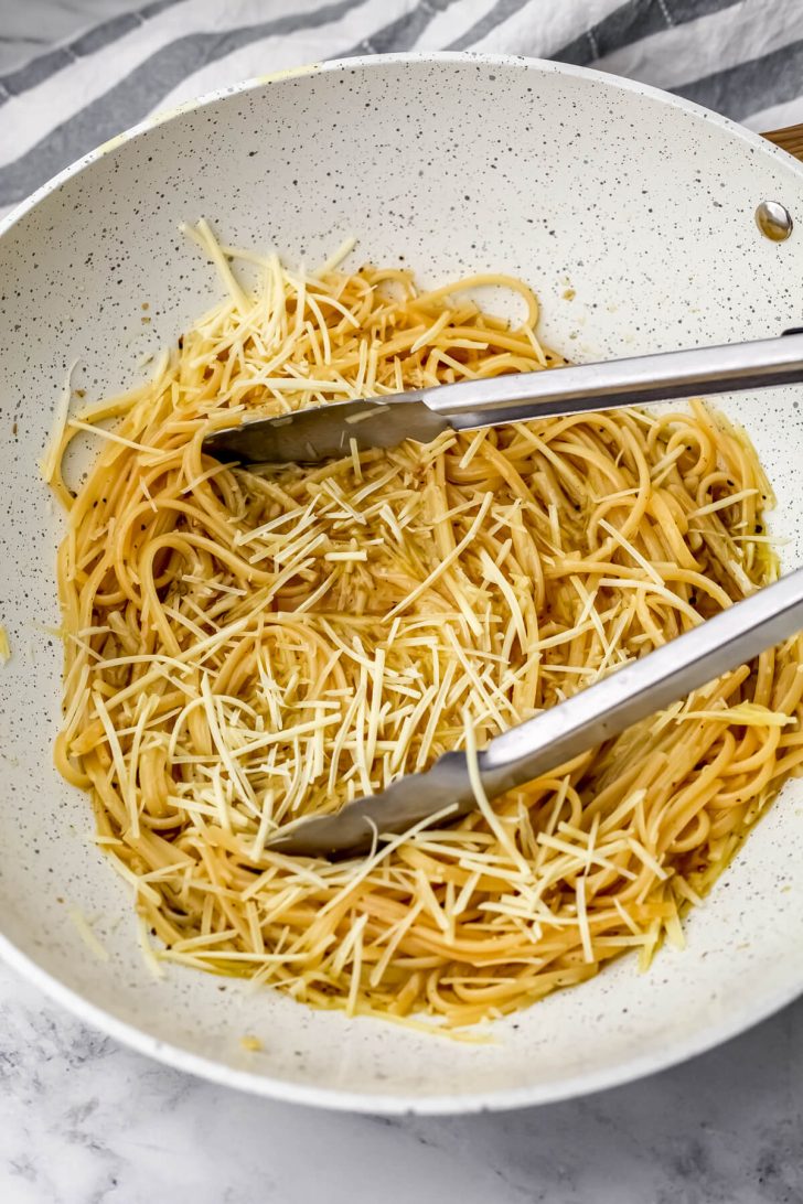 Shredded vegan parmesan cheese added to the pasta.