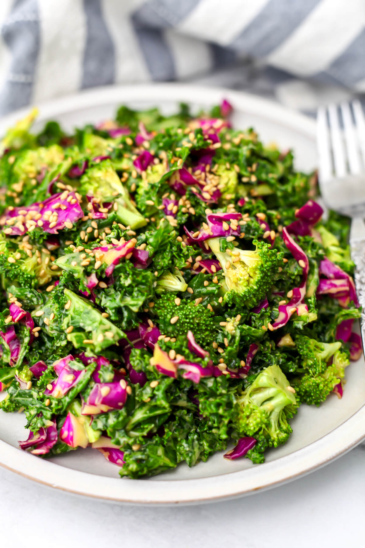 A plate full of vegan crunchy kale salad with nutritional yeast dressing.