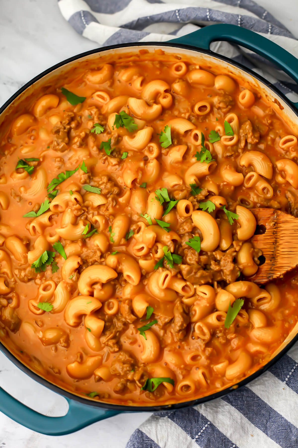 A top view of a skillet full of vegan hamburger helper