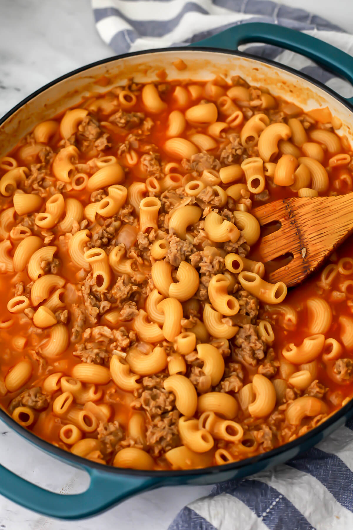 Vegan hamburger helper after the pasta has cooked.