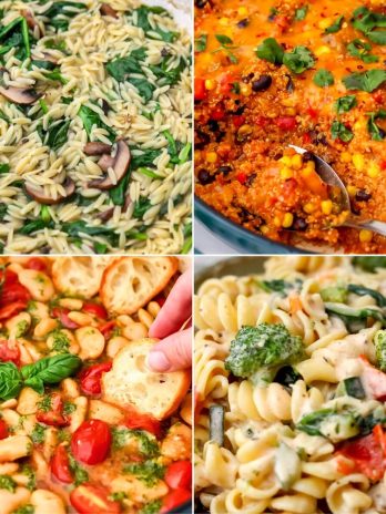 A collage of 4 images showing vegan meals made with cooked vegetables.