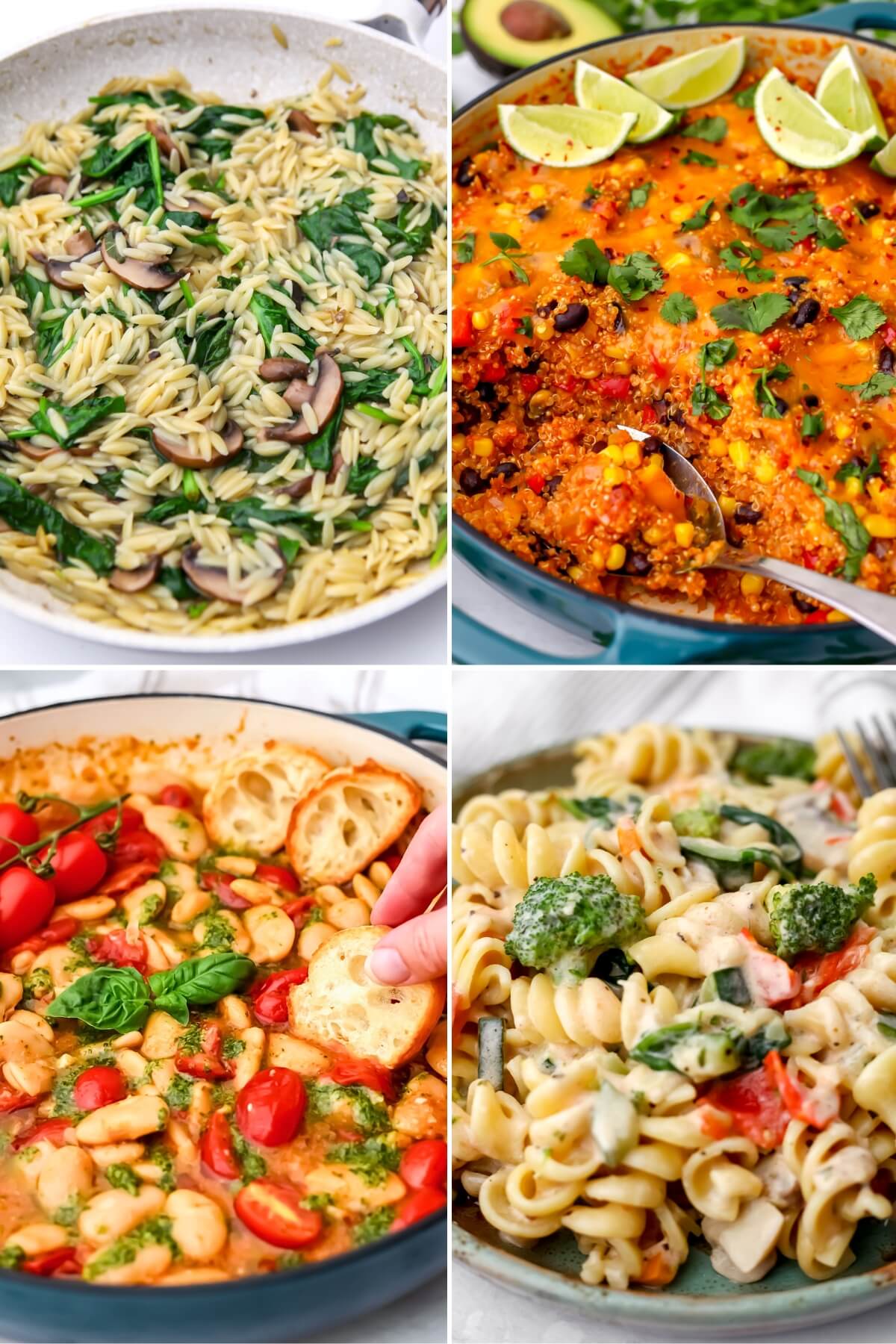 A collage of 4 images showing vegan meals made with cooked vegetables.