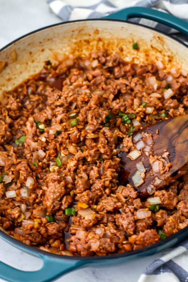 The vegan Korean beef simmering in the marinade.