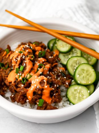 A vegan Bulgogi, aka Korean beef, served over rice and drizzled with spicy vegan mayo.
